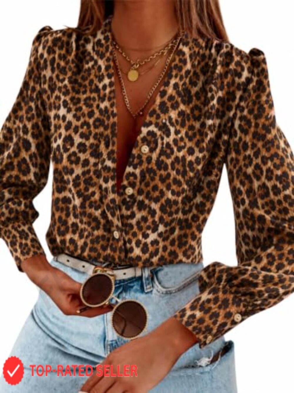 Women's V-Neck Button Down Puff Sleeve Blouse Business Casual